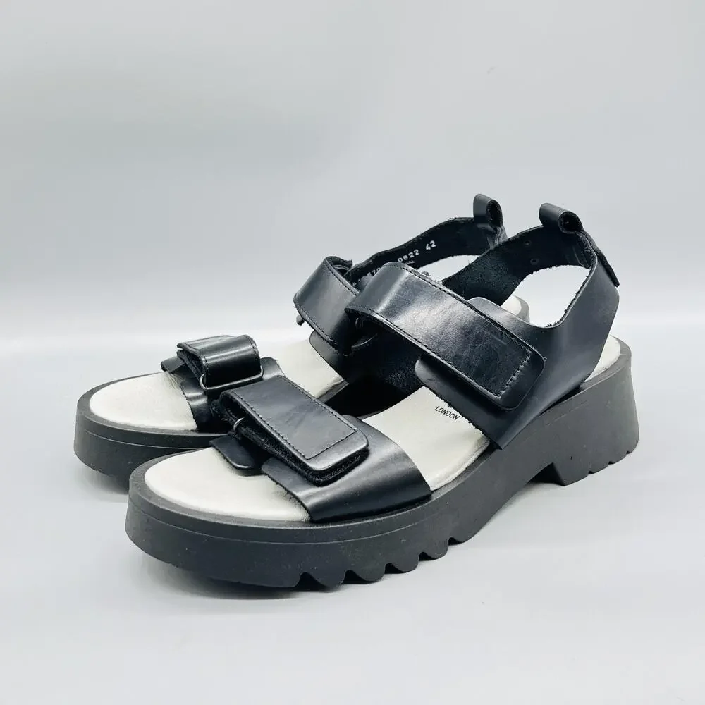 FLY London Sandals Women 11 Black Leather Strappy Hook & Loop Wedge Shoes Casual